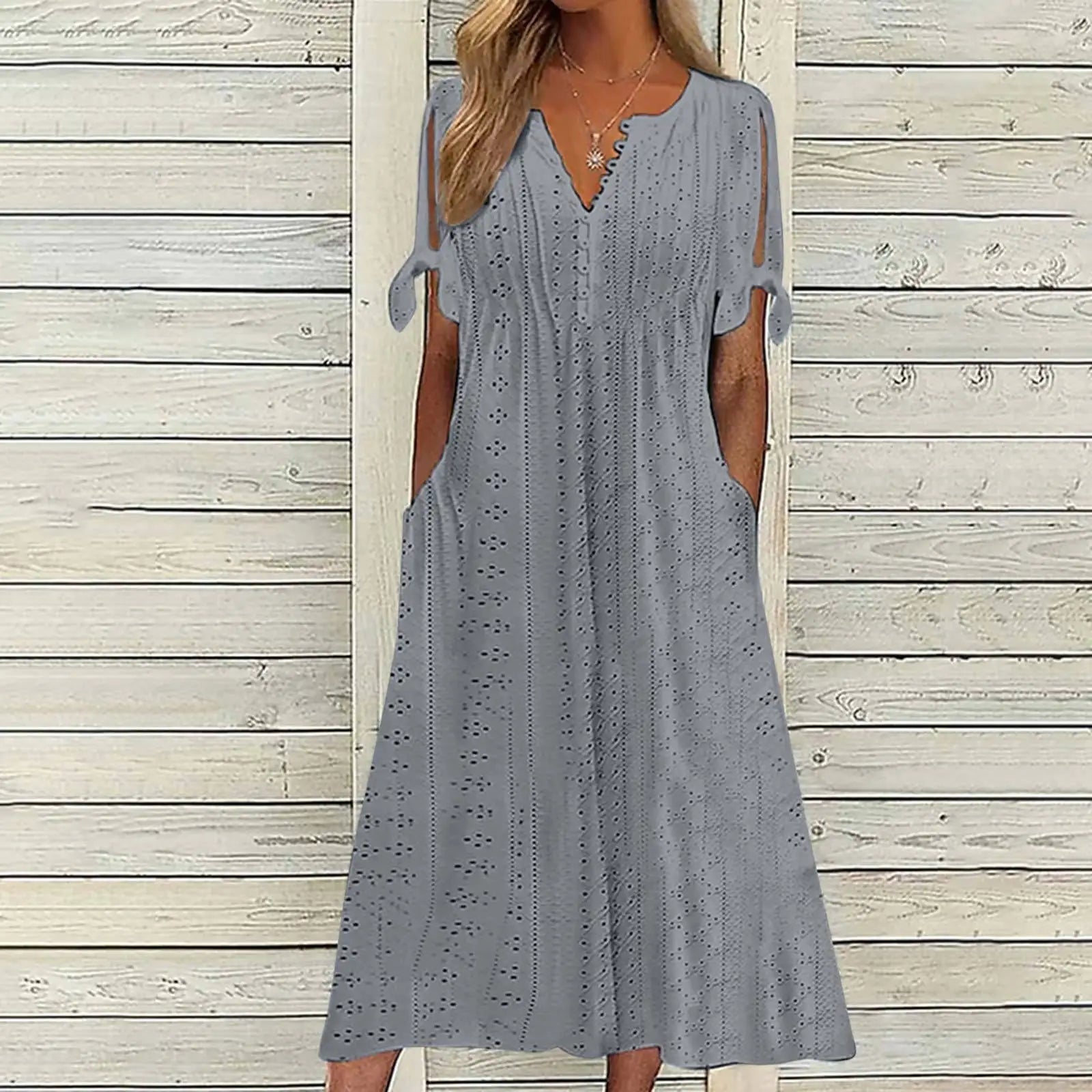 Vesper eyelet lace-up V-neck midi dress, view 6