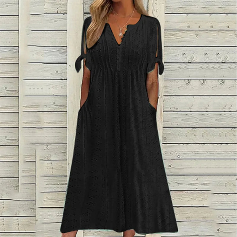 Vesper eyelet lace-up V-neck midi dress, view 8