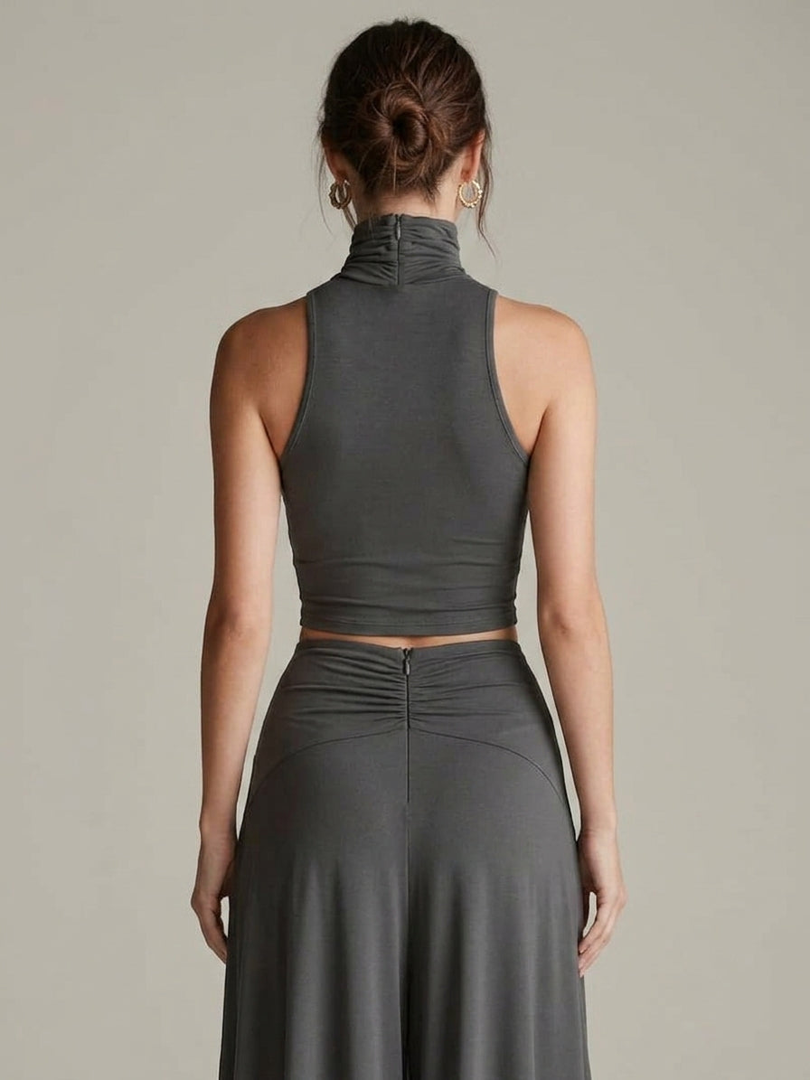 Vespera evening halter cutout wide-leg two-piece set, back view