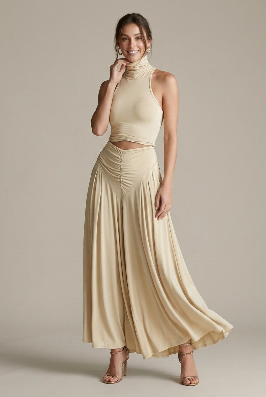 Vespera evening halter cutout wide-leg two-piece set, Beige