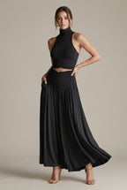 Vespera evening halter cutout wide-leg two-piece set, Black