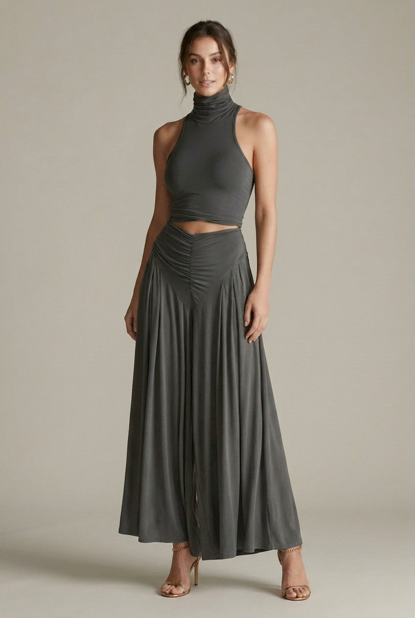 Vespera evening halter cutout wide-leg two-piece set, Grey