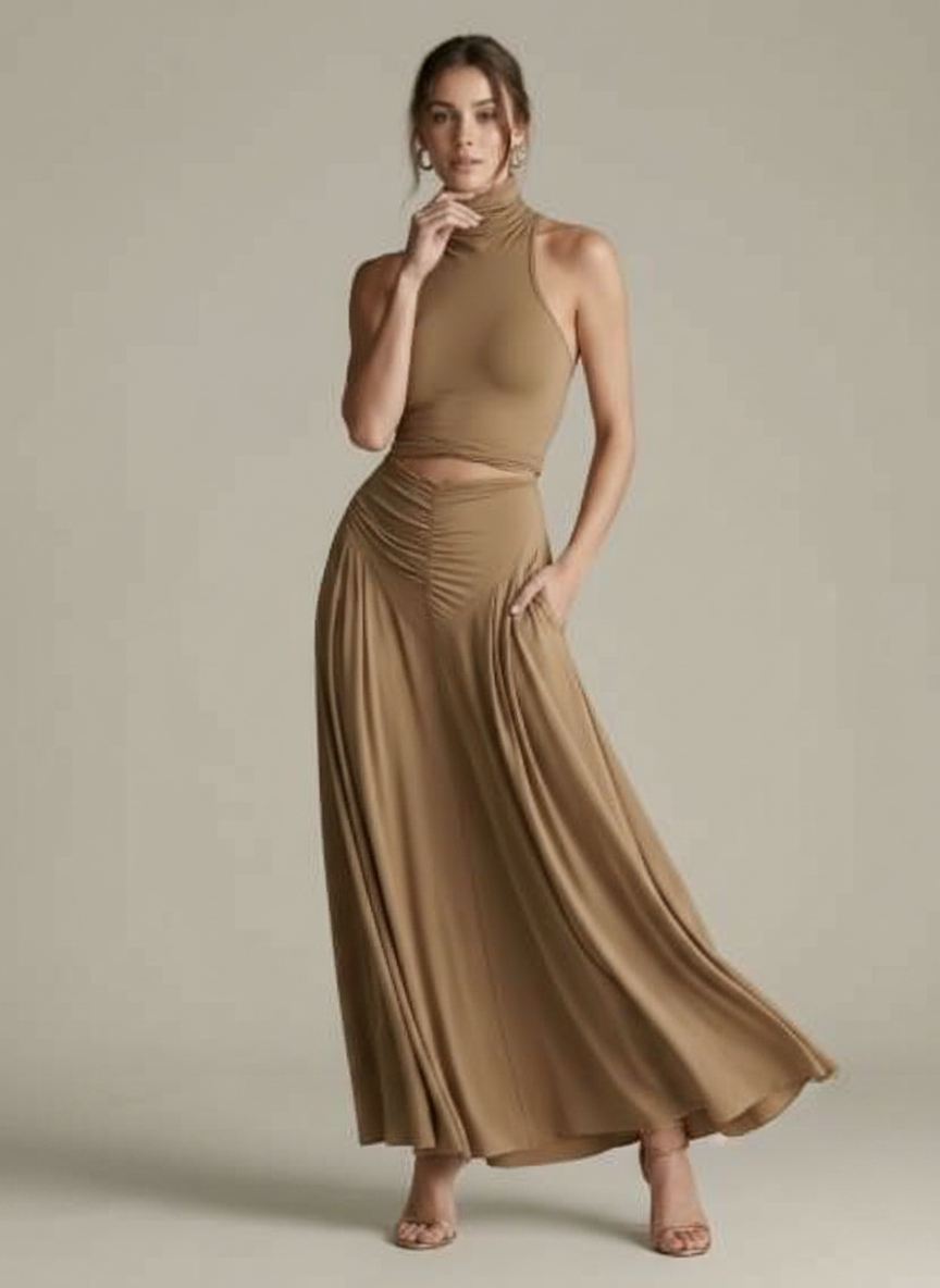 Vespera evening halter cutout wide-leg two-piece set, Khaki