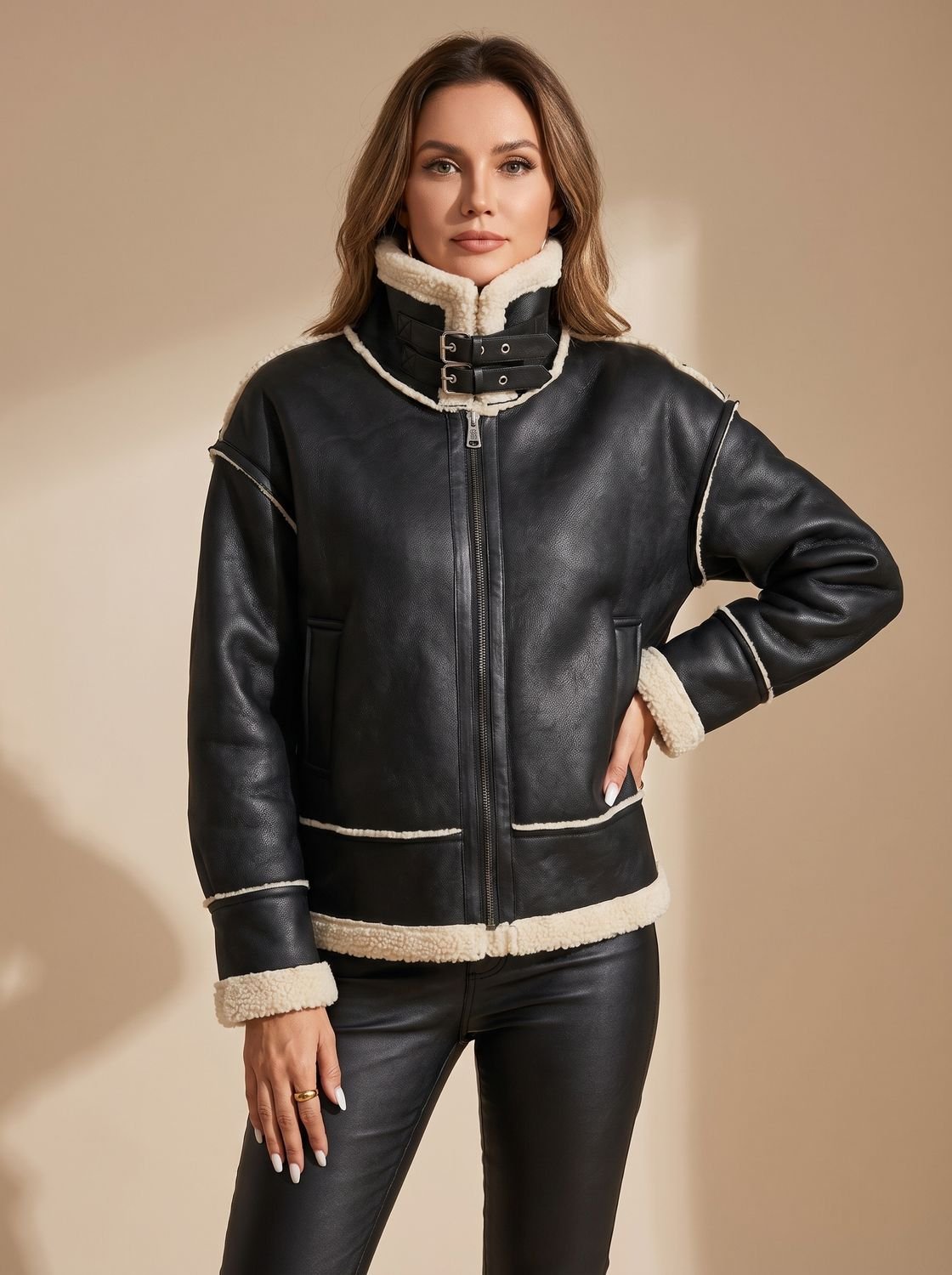 Victoria Black faux leather aviator jacket featuring a high buckled collar, faux shearling trim, zip-front closure, long sleeves, and relaxed fit