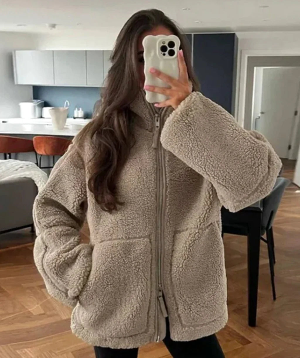 Victoria Brown plush teddy fleece jacket featuring a high collar, full front zipper, roomy sleeves, and convenient front pockets