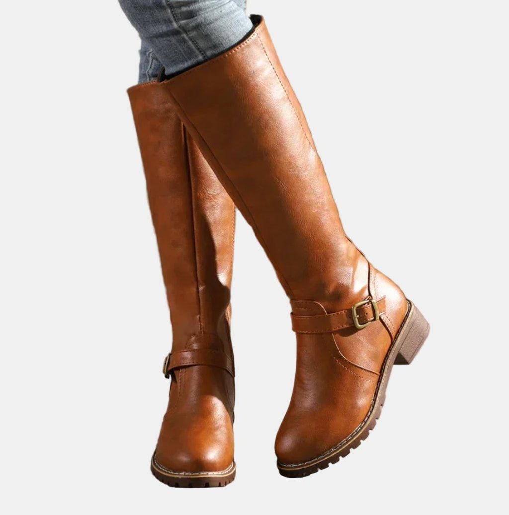 Vienna Tall Riding Boots Buckle Strap, Brown