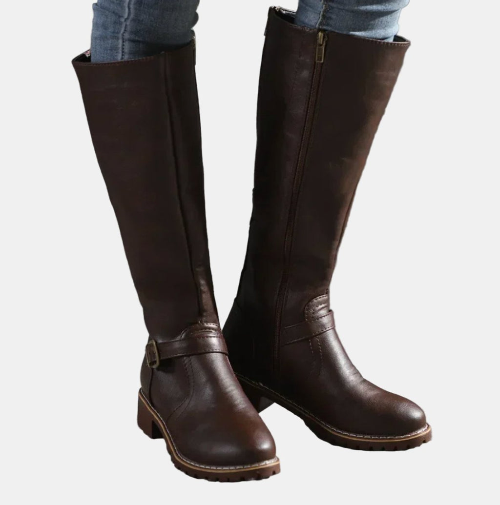 Vienna Tall Riding Boots Buckle Strap, Dark Brown