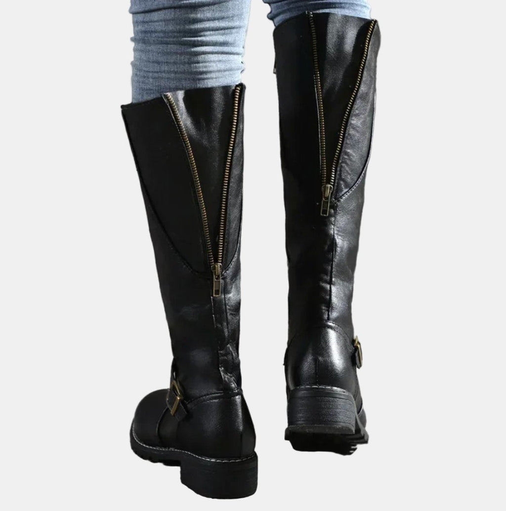Vienna Tall Riding Boots Buckle Strap, styled view