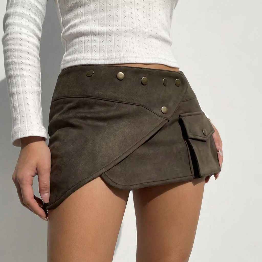 Vintage brown cargo mini skirt side view with wrap detail and side pocket BELLA HUDSON
