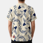 Back view of the Vintage Fish-Print Linen Shirt in beige, highlighting the relaxed silhouette, short sleeves, and all-over fish print. Designed by Bella Hudson.