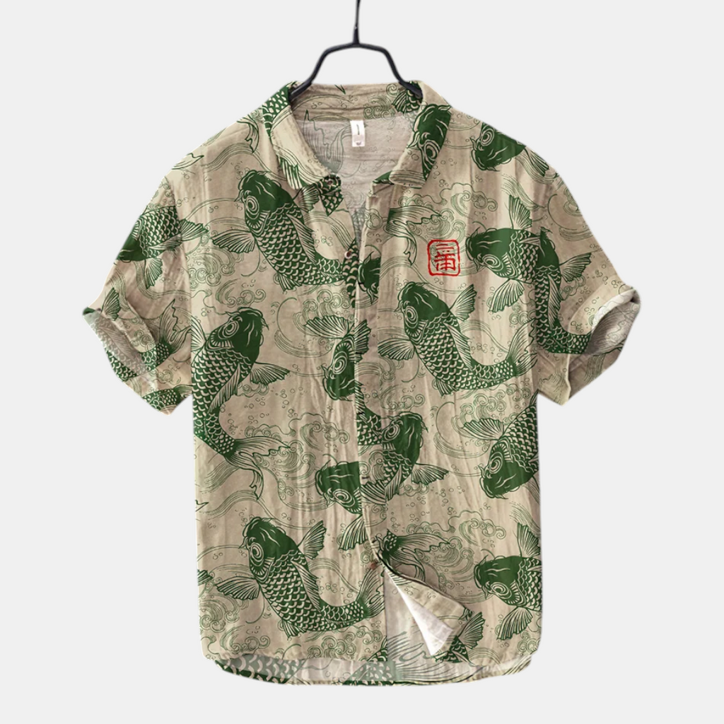 Front view of the Vintage Fish-Print Linen Shirt in dark green, featuring a band collar, button-front closure, short sleeves, and a vintage-inspired fish print. Designed by Bella Hudson.