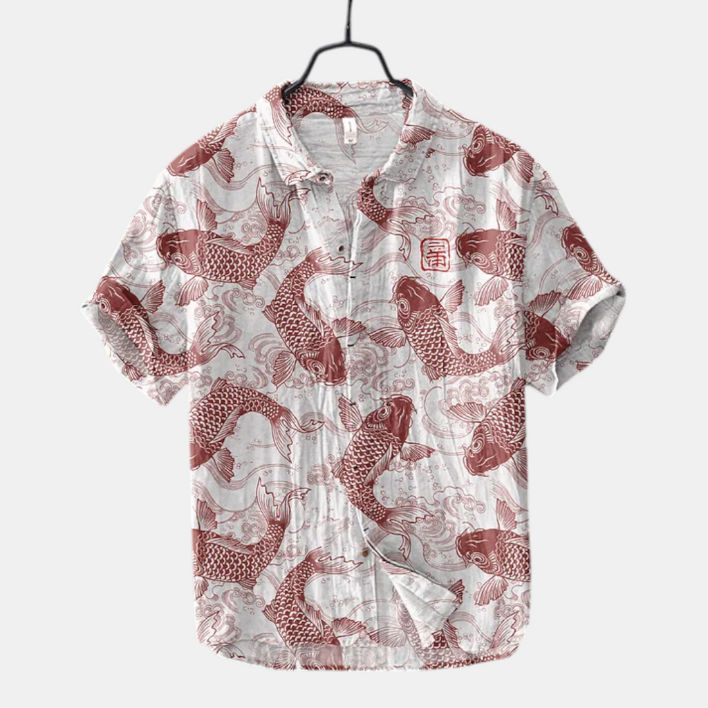 Front view of the Vintage Fish-Print Linen Shirt in red, featuring a relaxed silhouette, band collar, button-front closure, and an all-over fish print. Designed by Bella Hudson.