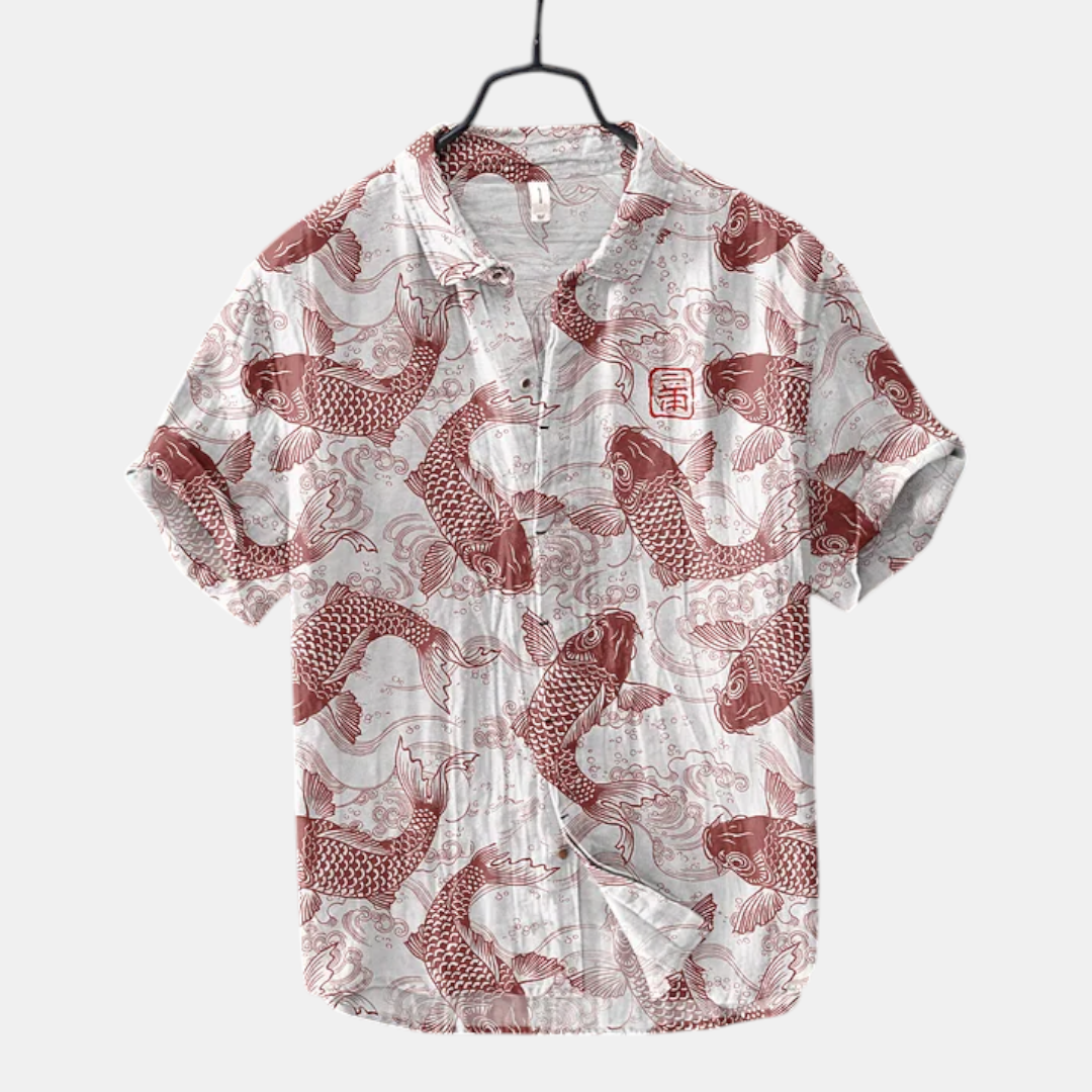 Front view of the Vintage Fish-Print Linen Shirt in red, featuring a relaxed silhouette, band collar, button-front closure, and an all-over fish print. Designed by Bella Hudson.