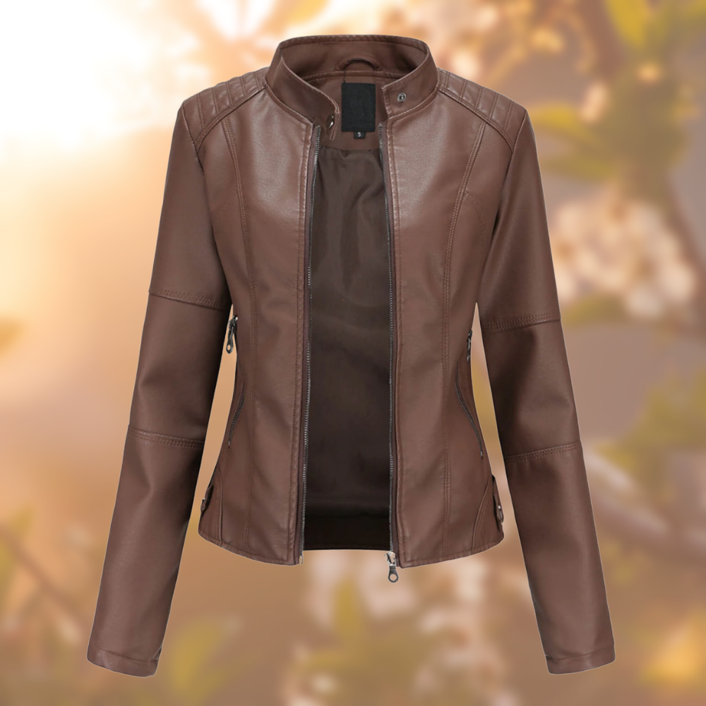 Vivette Tailored Stand-Up Collar Zip Jacket, Dark Brown