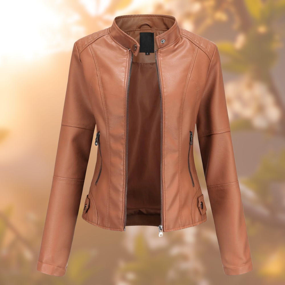 Vivette Tailored Stand-Up Collar Zip Jacket, Light Brown