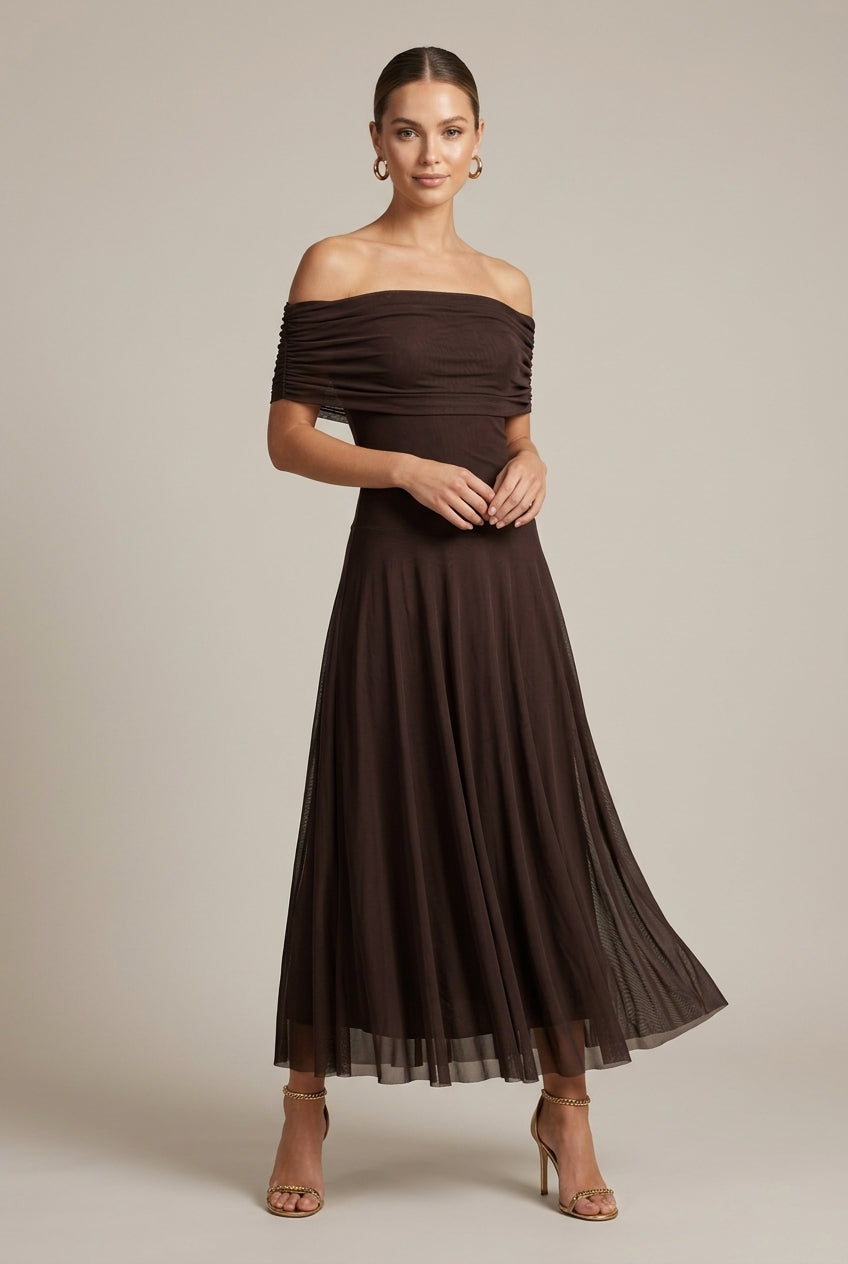 Vivienne evening off-shoulder ruched maxi dress, view 1