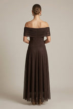 Vivienne evening off-shoulder ruched maxi dress, back view