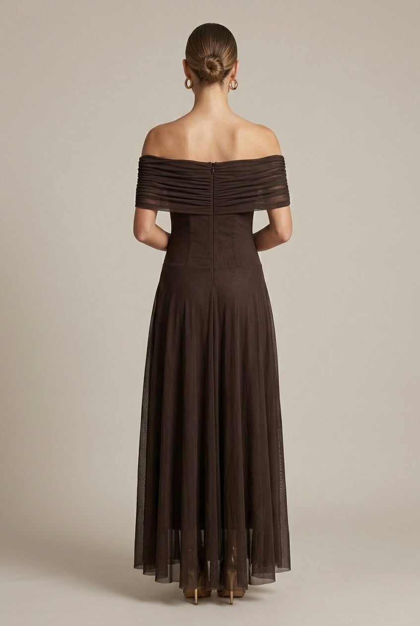 Vivienne evening off-shoulder ruched maxi dress, back view