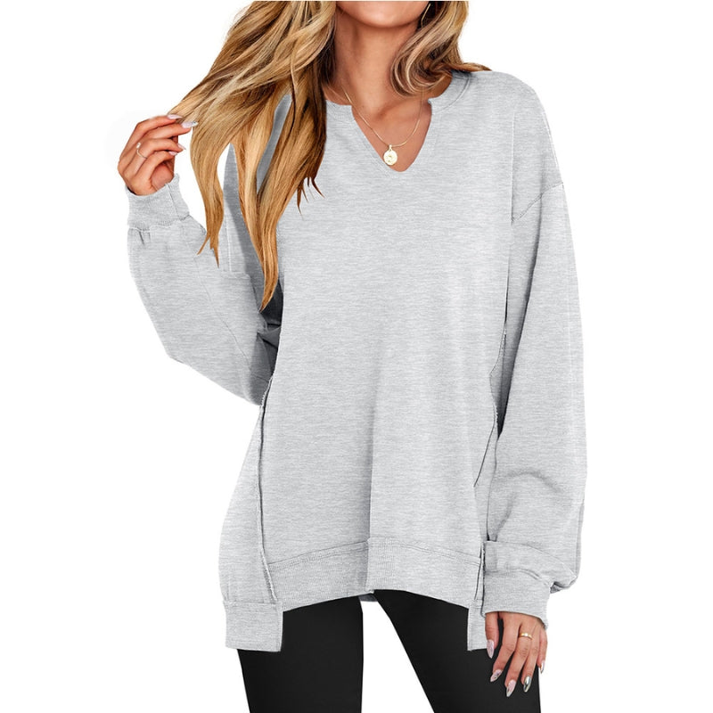 Vivienne Oversized V-Neck Tunic Top, Light Gray
