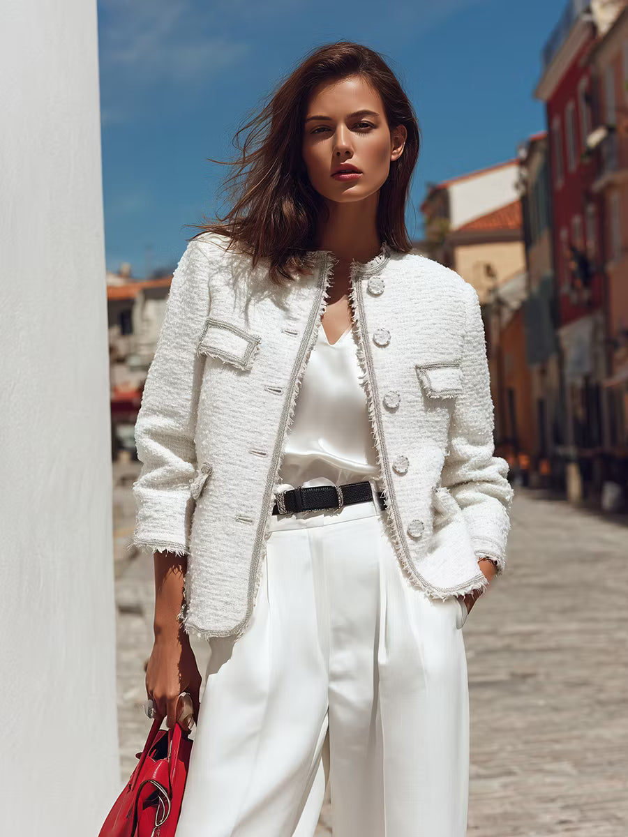 Vivienne White textured round-neck jacket with fringe trim and flap pockets, styled open over a satin top and wide-leg trousers on a sunny street.