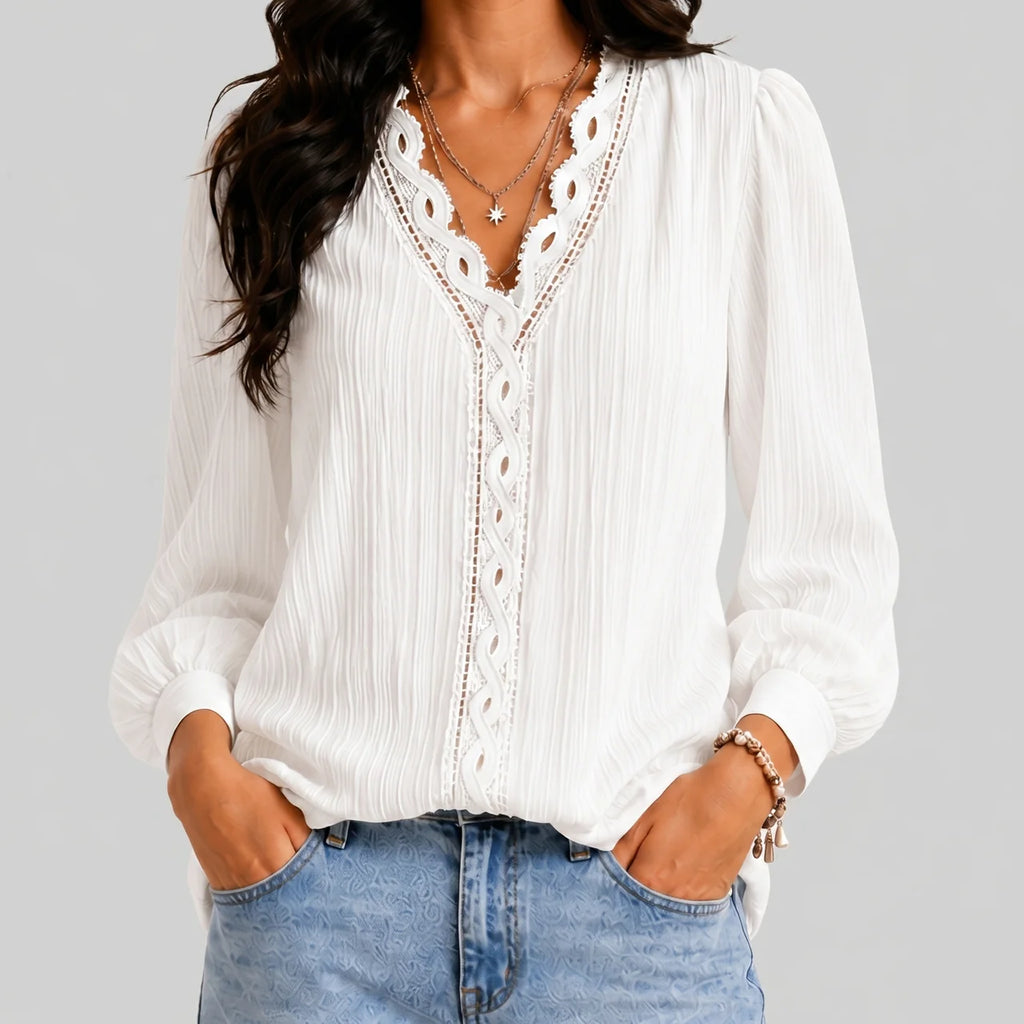 Front view of white boho button blouse with long sleeves and textured fabric by BELLA HUDSON