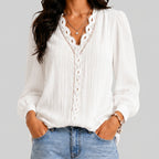 Front view of white boho button blouse with long sleeves and textured fabric by BELLA HUDSON