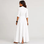 White boho maxi shirt dress back view with rolled sleeves BELLA HUDSON