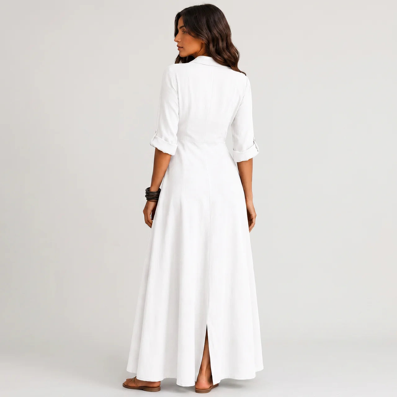 White boho maxi shirt dress back view with rolled sleeves BELLA HUDSON