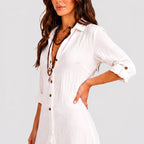 Close-up of white boho maxi shirt dress with button and sleeve detail BELLA HUDSON