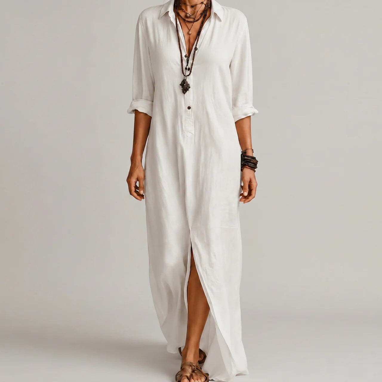 White boho maxi shirt dress front view with rolled sleeves BELLA HUDSON