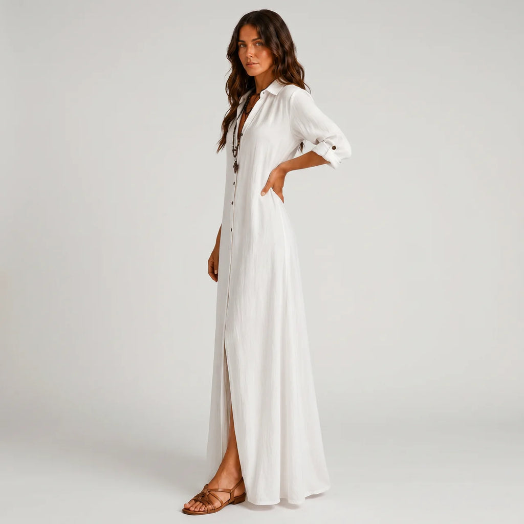 White boho maxi shirt dress side view with rolled sleeves BELLA HUDSON