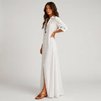 White boho maxi shirt dress side view with rolled sleeves BELLA HUDSON