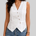Front view of white eyelet button vest blouse with sleeveless tailored fit by BELLA HUDSON