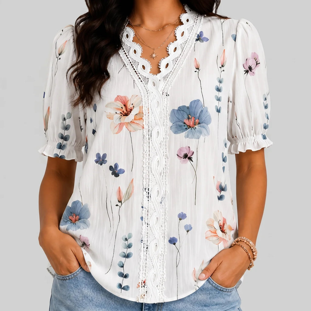 Front view of white floral button blouse with short sleeves and relaxed fit by BELLA HUDSON