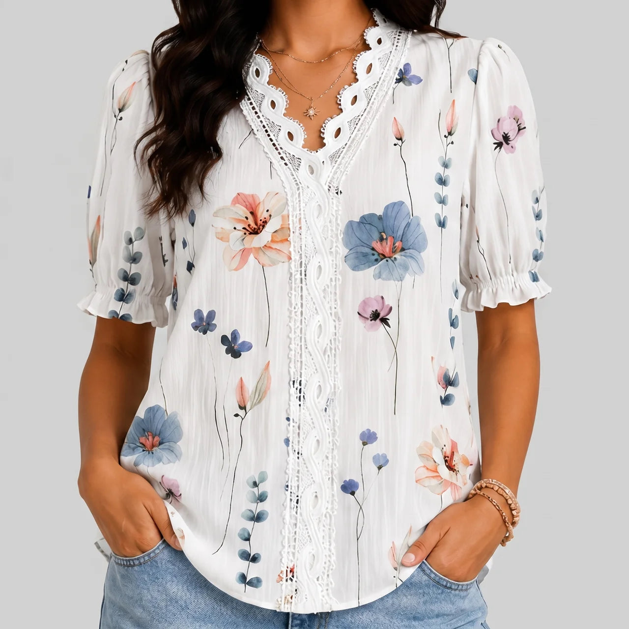 Front view of white floral button blouse with short sleeves and relaxed fit by BELLA HUDSON