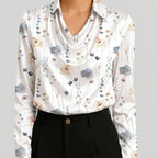White satin cowl neck blouse with floral print front view BELLA HUDSON