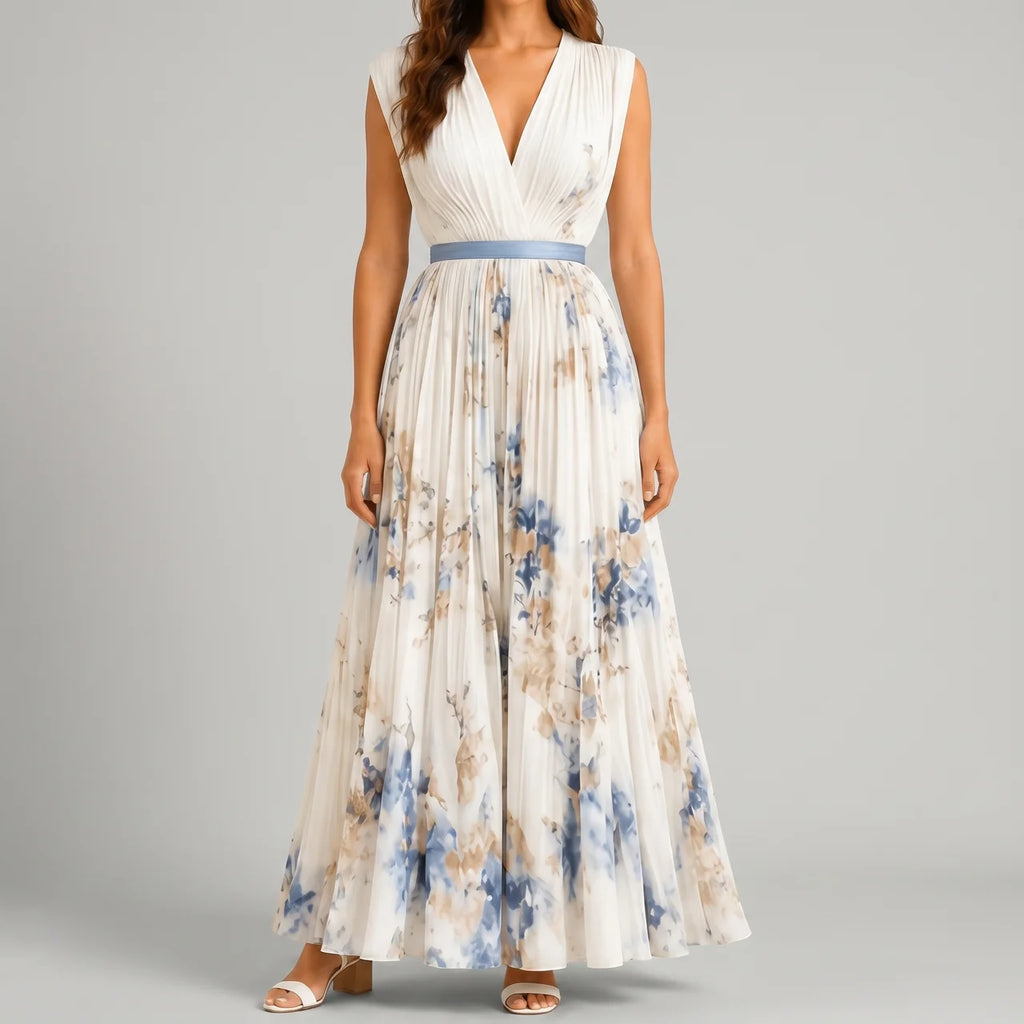 Front view of white floral V-neck maxi dress with sleeveless design and flowy silhouette by BELLA HUDSON