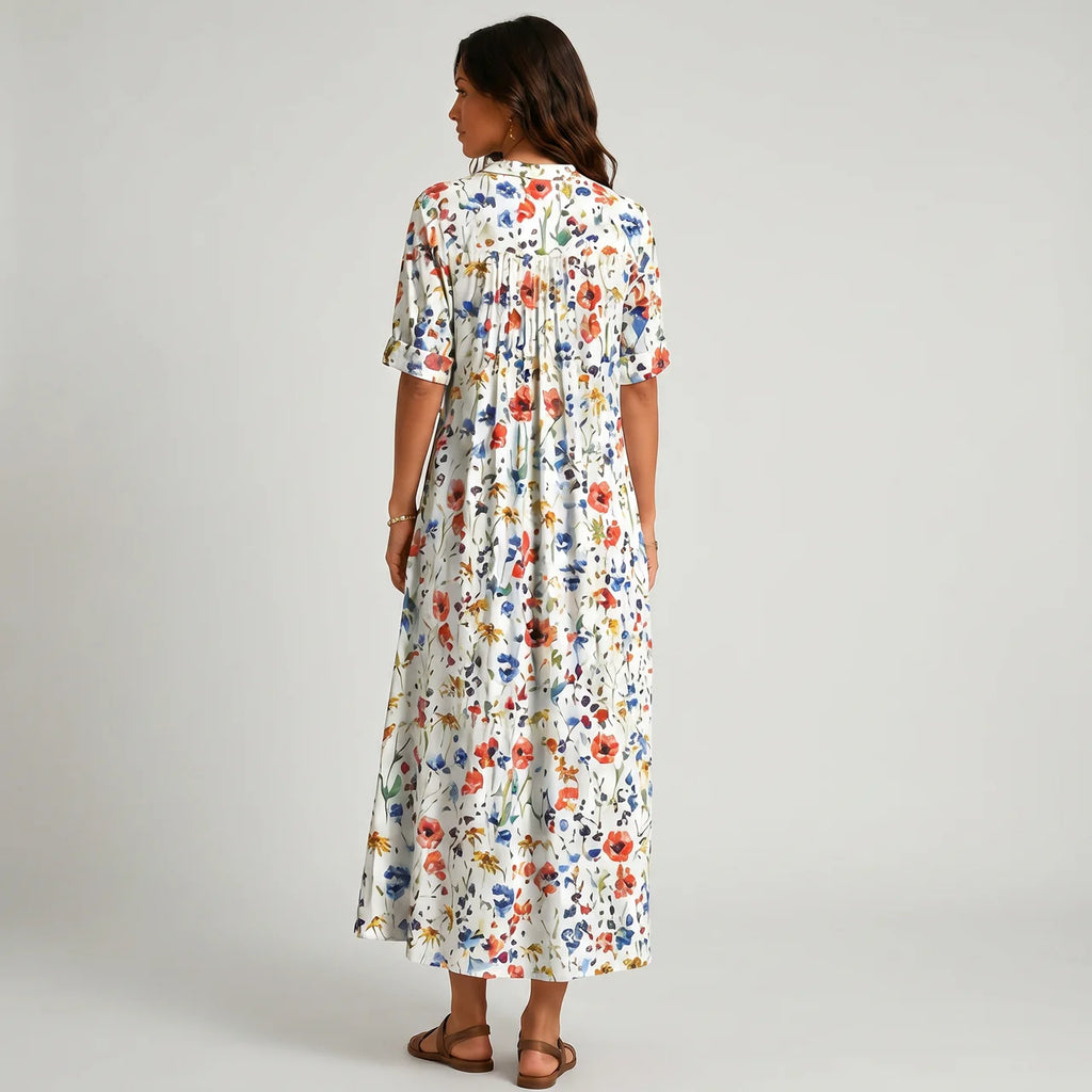 White multicolor floral maxi dress back view with relaxed fit BELLA HUDSON