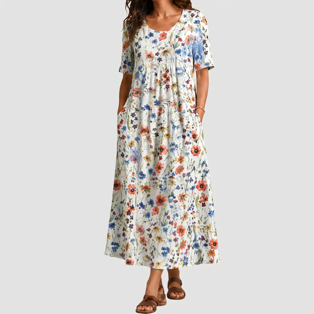 White multicolor floral maxi dress front view with pockets BELLA HUDSON