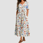 White multicolor floral maxi dress front view with pockets BELLA HUDSON