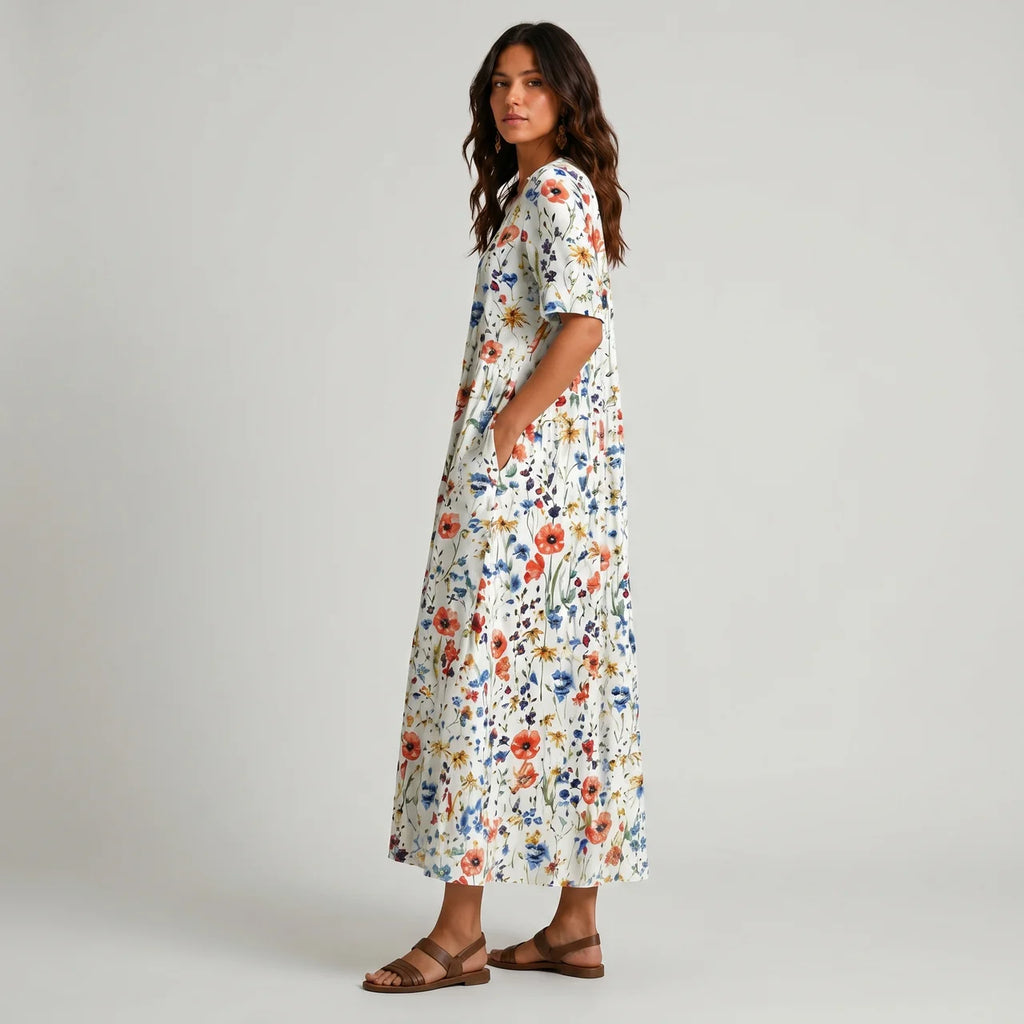 White multicolor floral maxi dress side view with pockets BELLA HUDSON