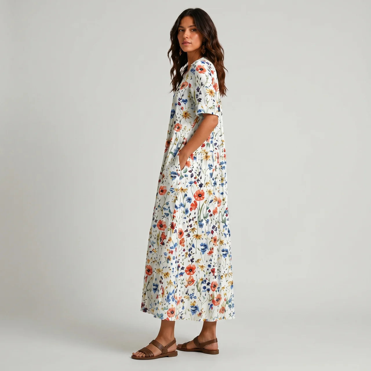 White multicolor floral maxi dress side view with pockets BELLA HUDSON