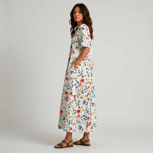 White multicolor floral maxi dress side view with pockets BELLA HUDSON