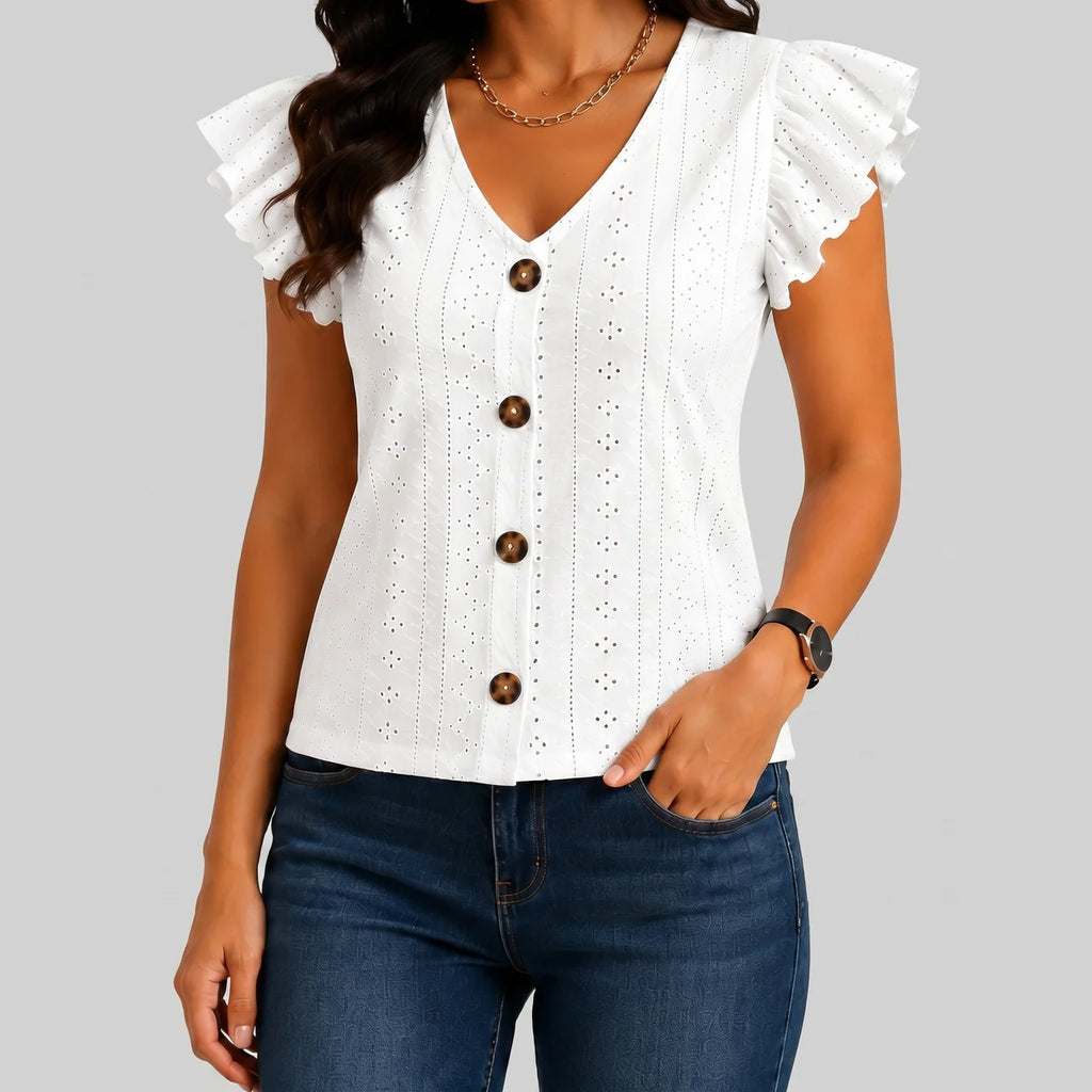 Front view of white ruffle sleeve knit top with button-front detail and V-neckline by BELLA HUDSON