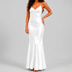 Front view of white satin maxi dress with spaghetti straps and bodycon silhouette by BELLA HUDSON
