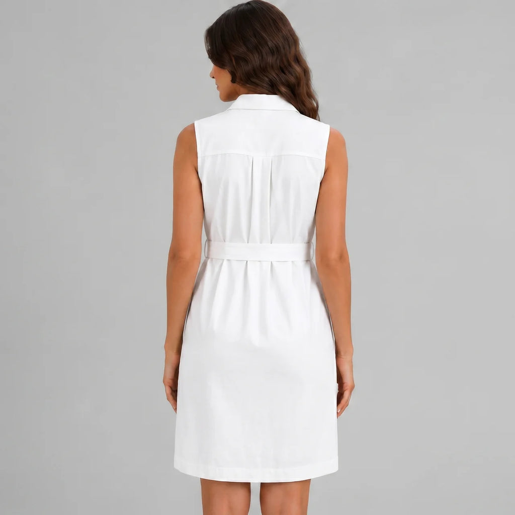 Back view of white sleeveless shirt dress with waist tie and button-front detail by BELLA HUDSON