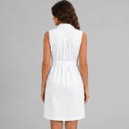 Back view of white sleeveless shirt dress with waist tie and button-front detail by BELLA HUDSON