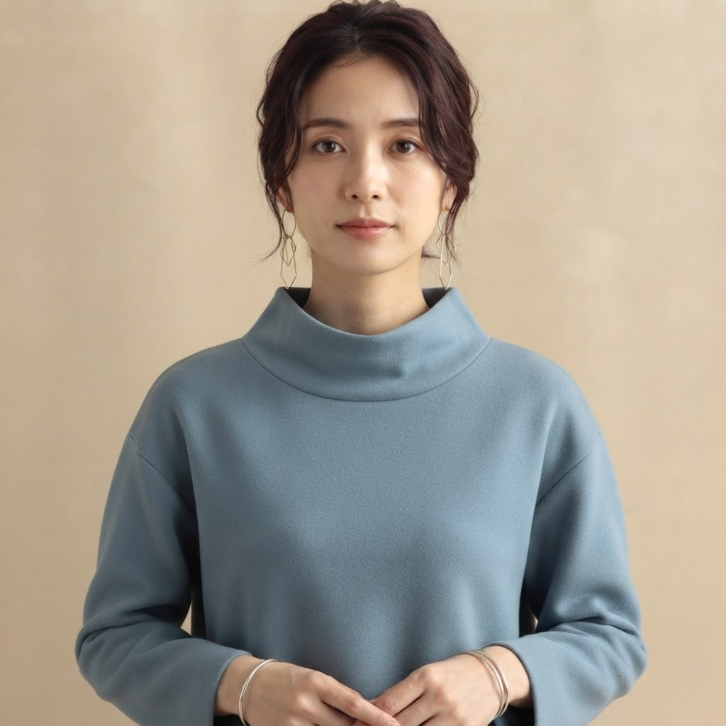 Close-up front view of the Wilhelmina Blouse Draped High-Neck Long-Sleeve in Blue, showcasing the high neckline and draped detailing.