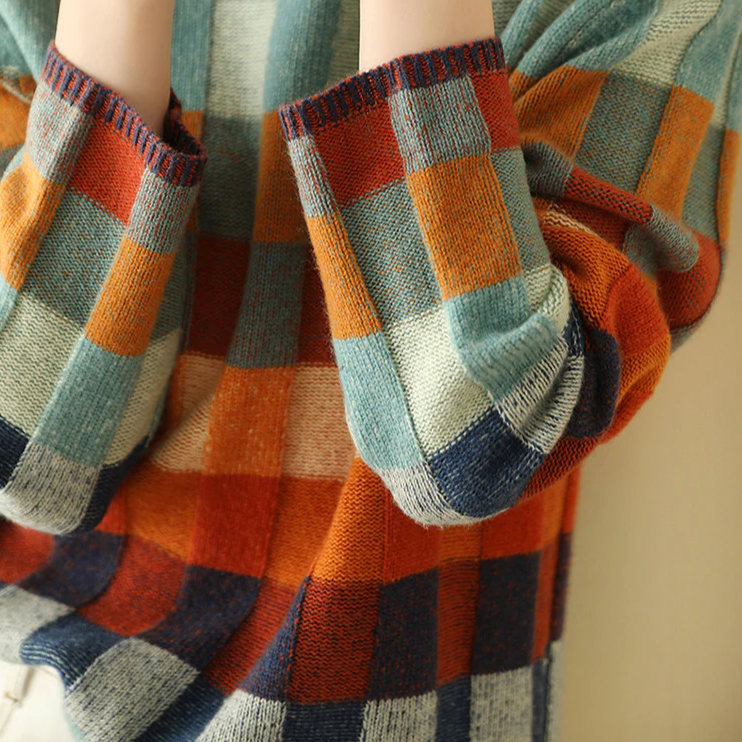 Wilhelmina Checkered Stand-Up Collar Sweater, collar detail