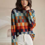 Wilhelmina Checkered Stand-Up Collar Sweater, detail view